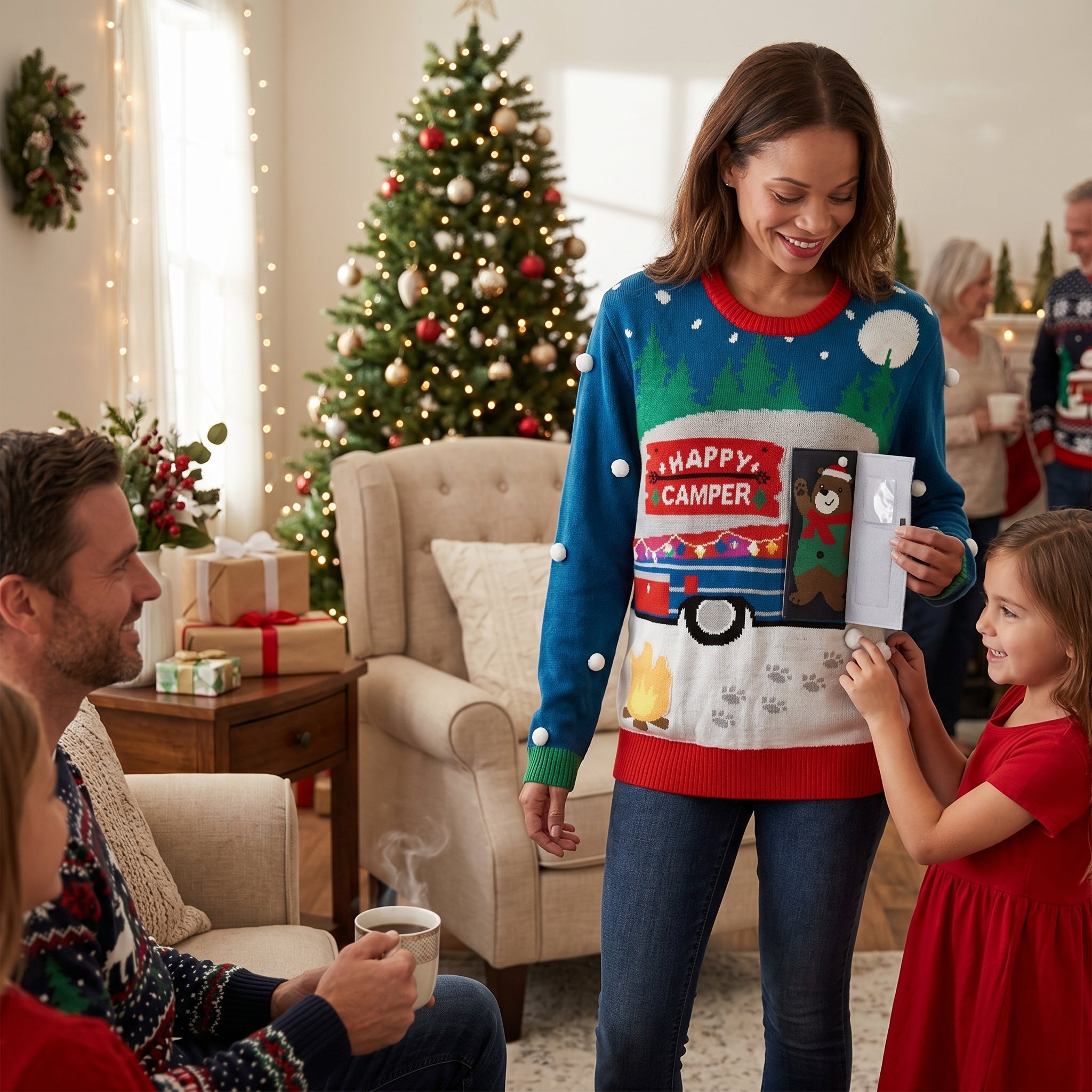 Ugly Christmas Sweater Women Pullover - Light Up Happy Camper Interactive Holiday Sweater with LED Lights, Bear Flap, 3D Details - Adult S/M