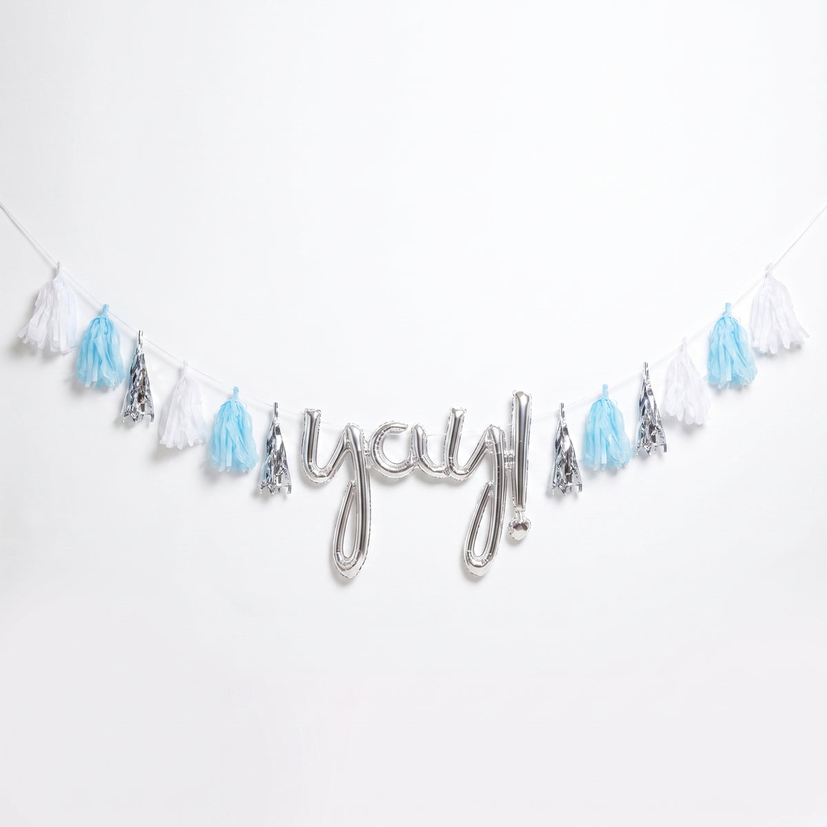 DIY Customizable Tassel Garland Banner in Light Blue, White, and Silver for Celebrations