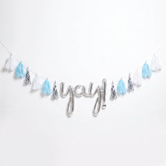DIY Customizable Tassel Garland Banner in Light Blue, White, and Silver for Celebrations