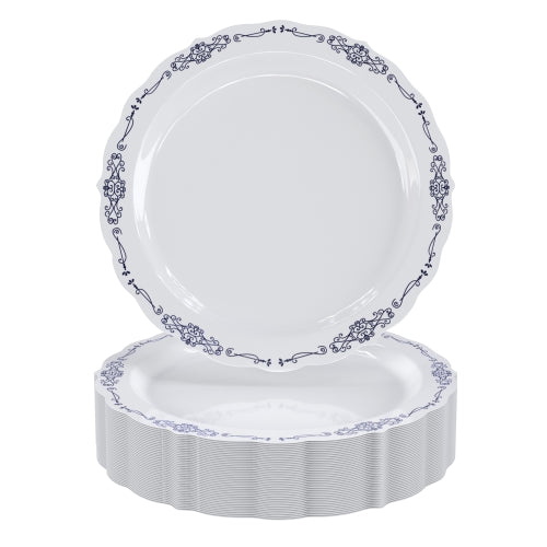 White/Navy Victorian Design Plates | Combo Pack 40/40