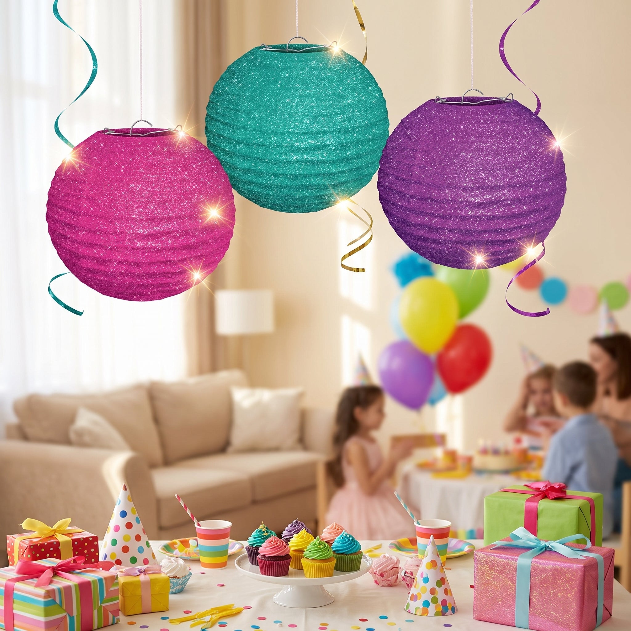 Sparkle Paper Lantern Hanging Decorations - Pink, Teal, and Purple, 9.5-In, 3-Pack