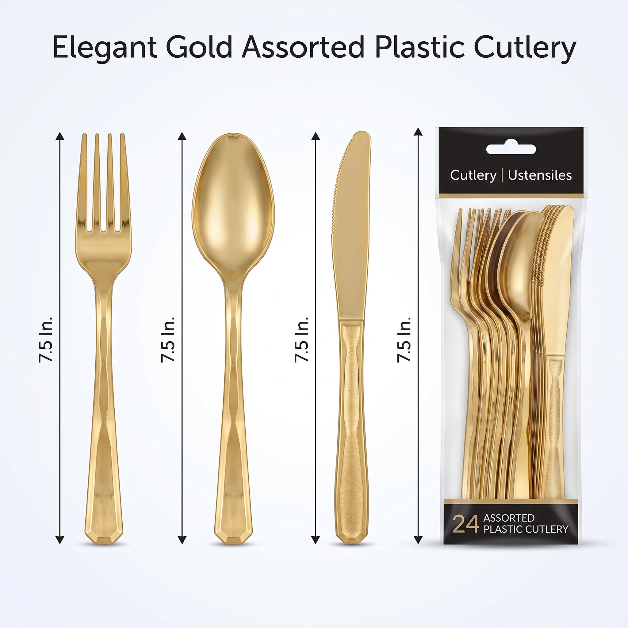 Elegant Gold Assorted Plastic Cutlery Set - 24 Pack