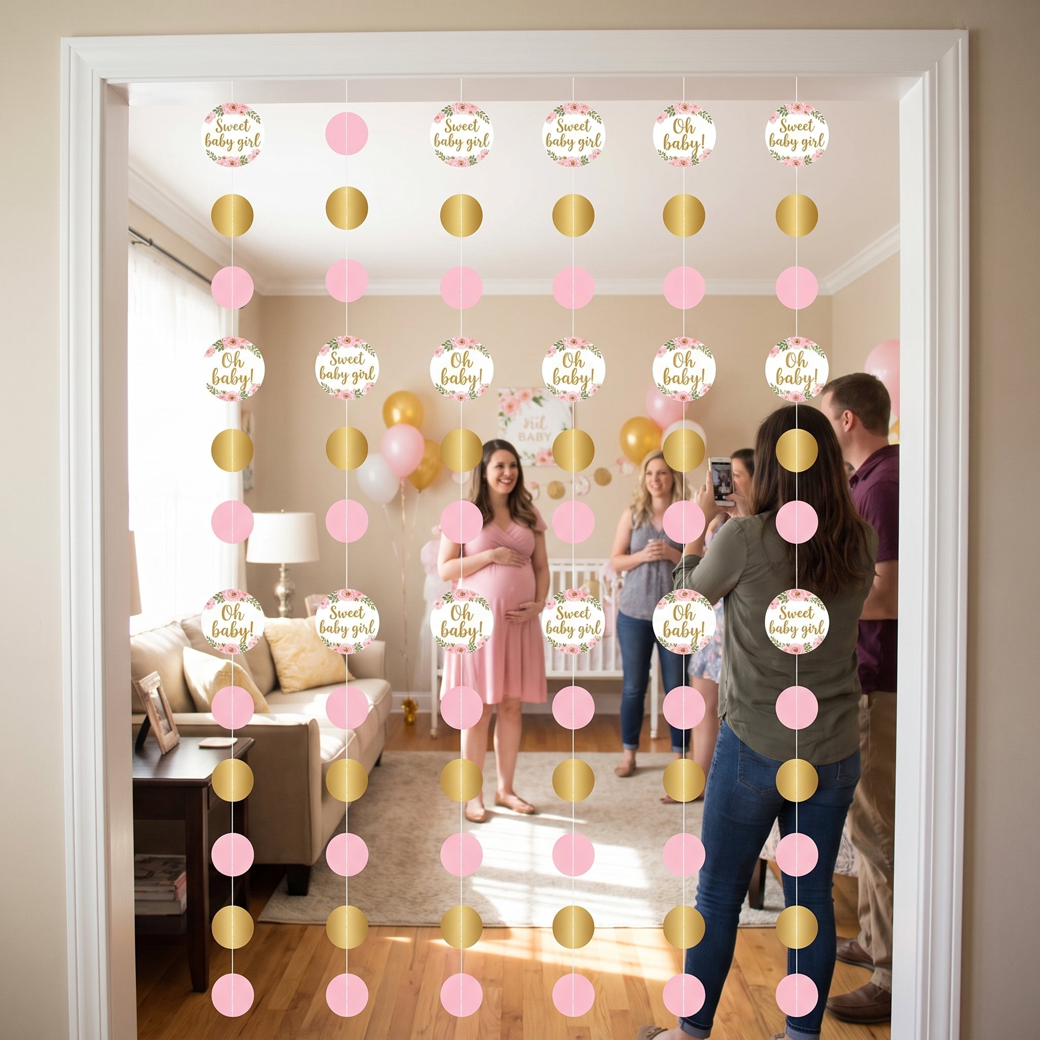Floral Baby Shower String Decorations, Pink & Gold, 7-ft, 6-Pack