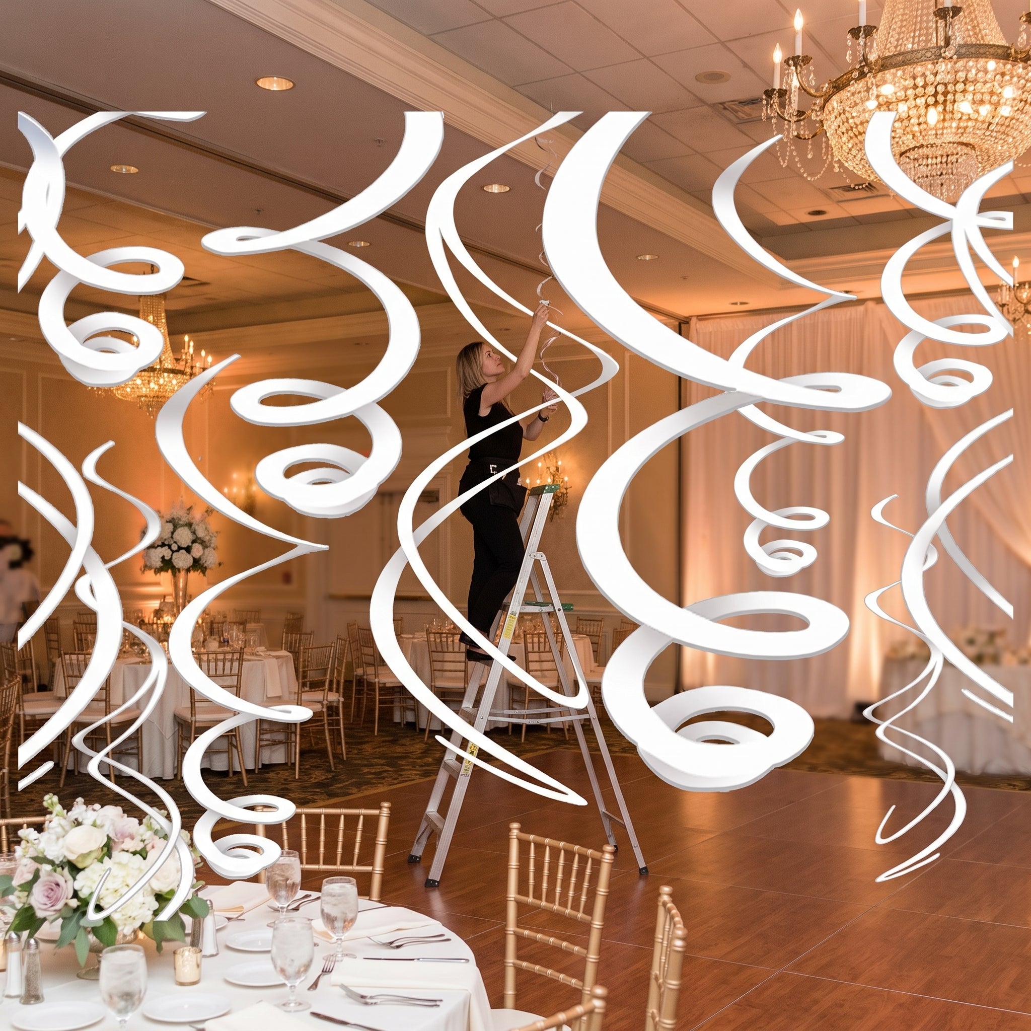 Elegant White Swirl Hanging Decorations - 22-Inch, 3-Pack