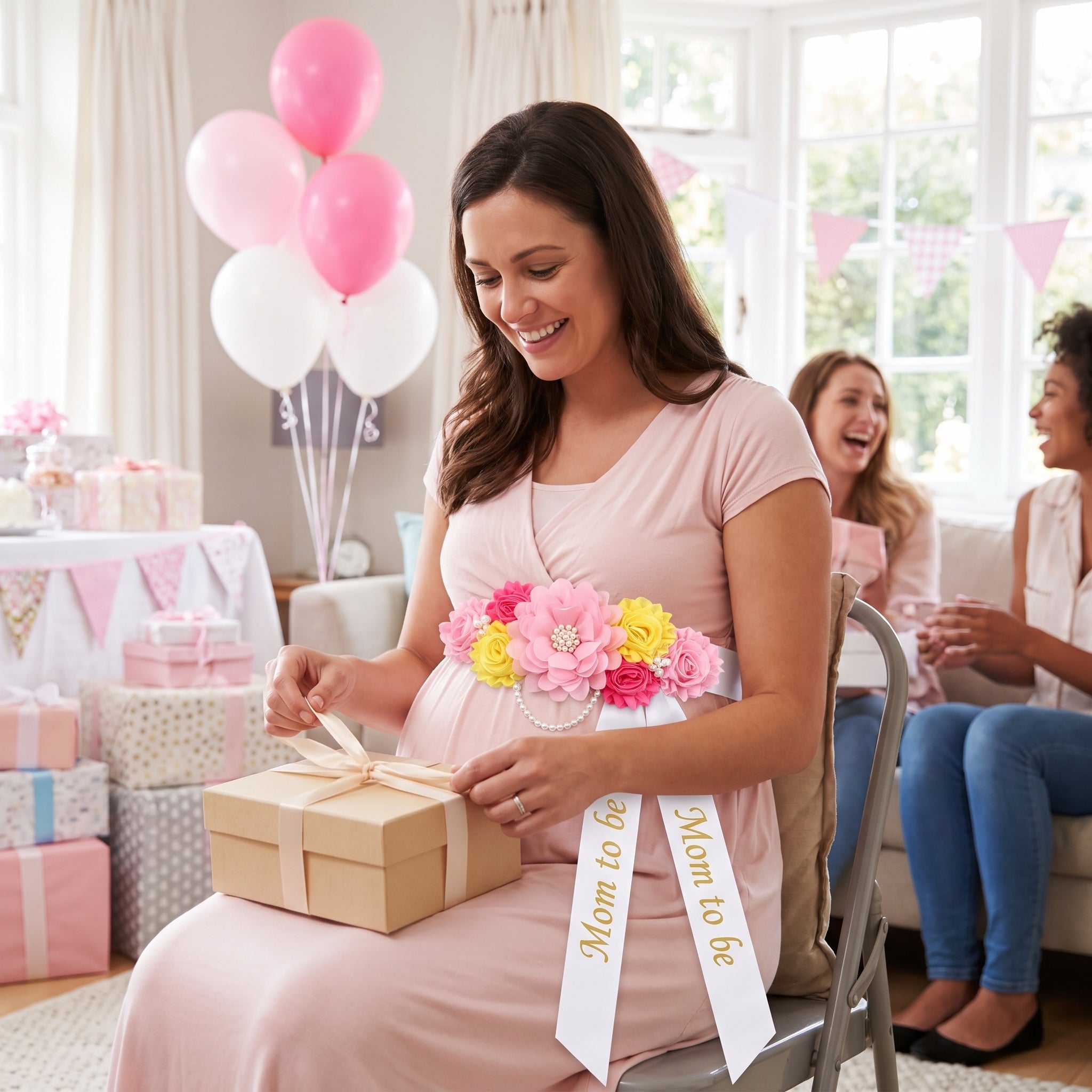 Floral "Mom to Be" Baby Shower Sash with Pink and Yellow Flowers