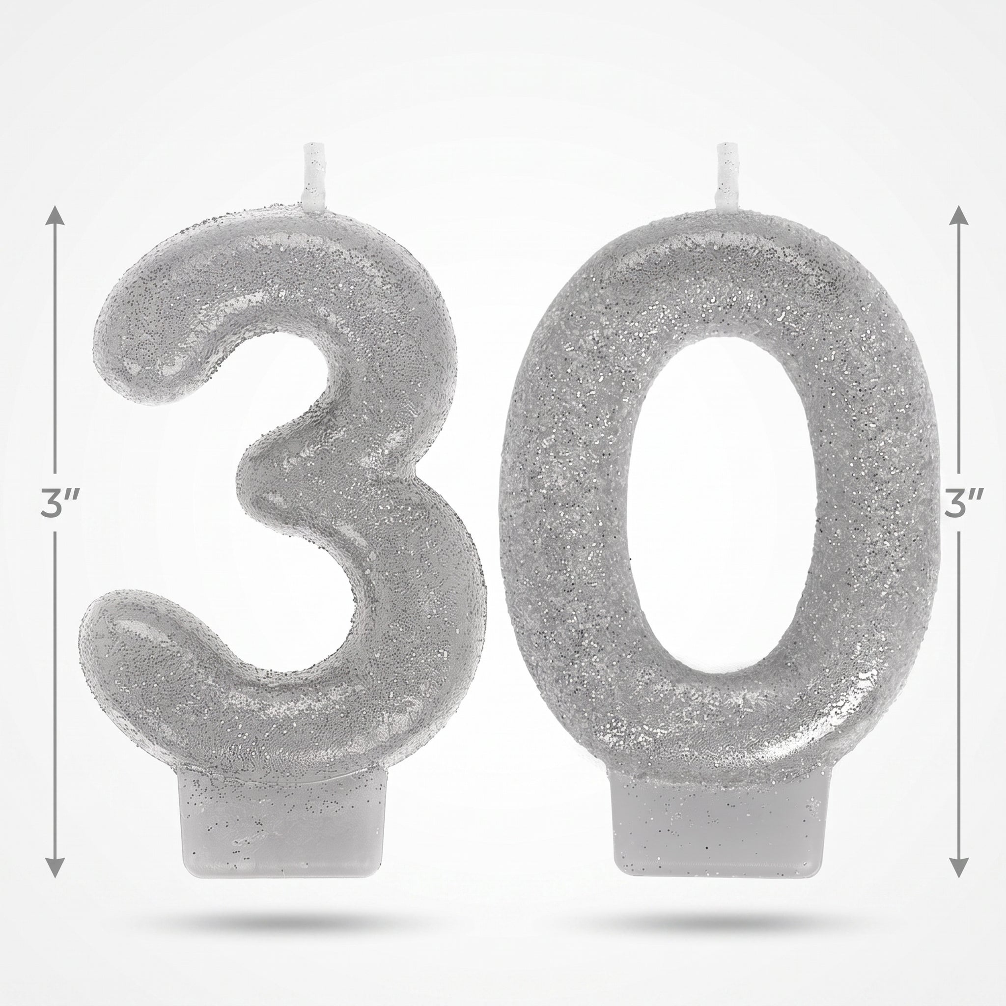 Sparkling Silver Glitter Number 30 Birthday Candles, 2-Piece Set