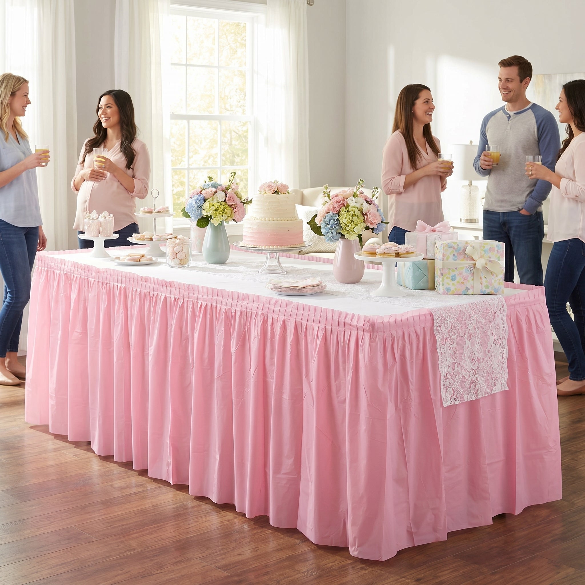 Elegant New Pink Plastic Table Skirt - 168" x 29"