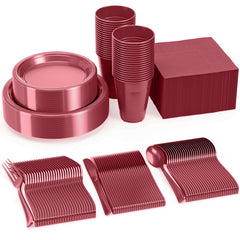 350 Pcs Burgundy Disposable Tableware Set