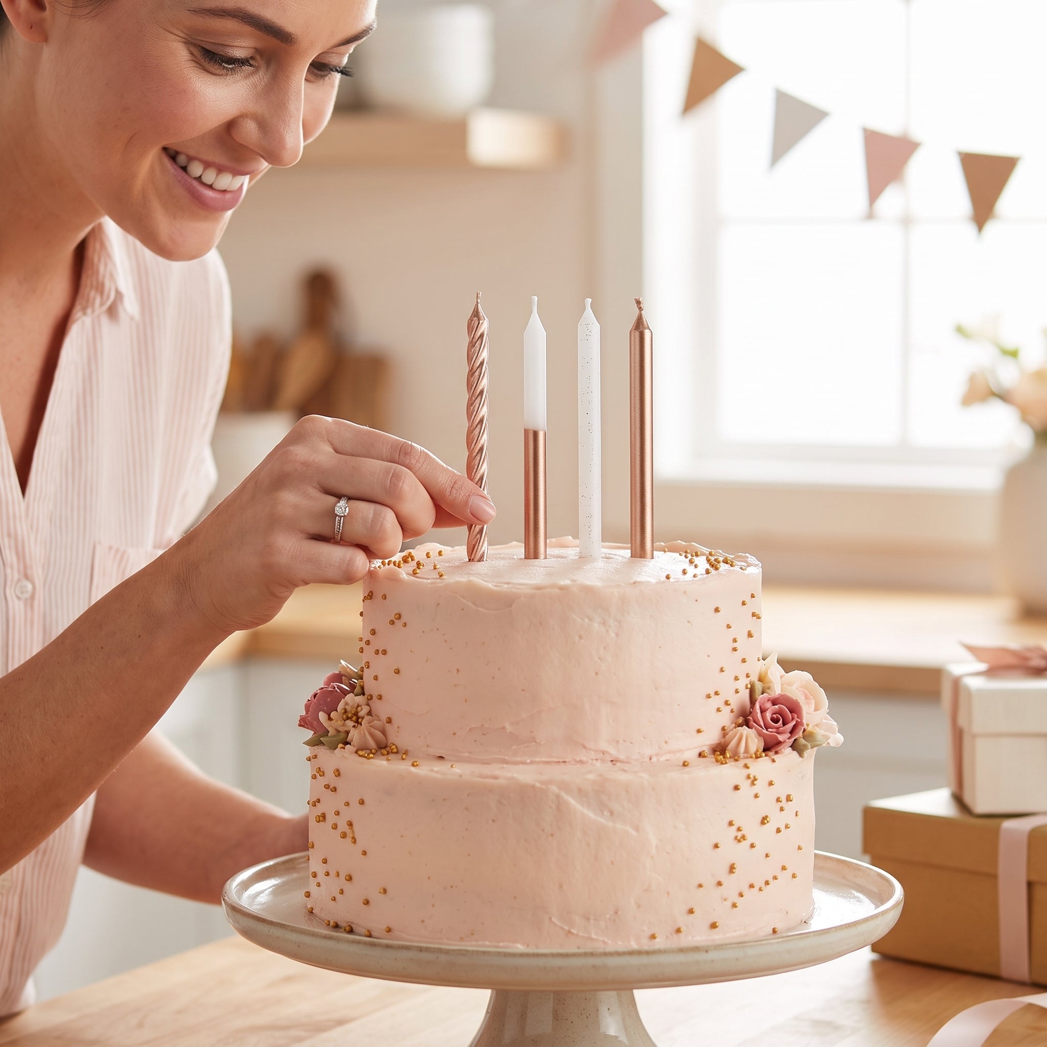 Metallic Rose Gold & White Birthday Candle Set