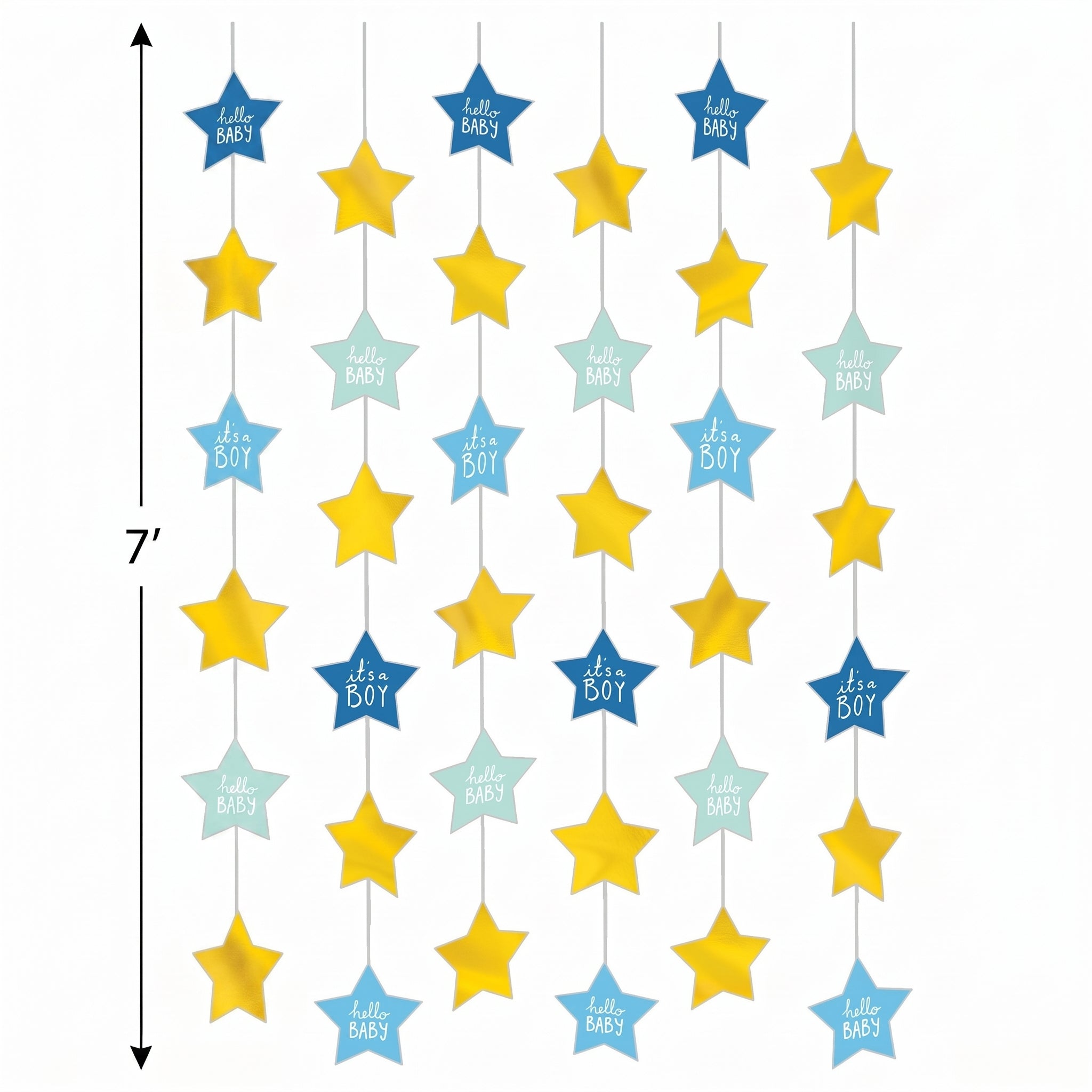 "It's a Boy" Hanging String Decorations - Gold & Blue, 7 ft, 6 Pack