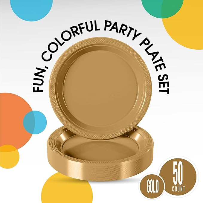 9 In. Gold Plastic Plates | 50 Count