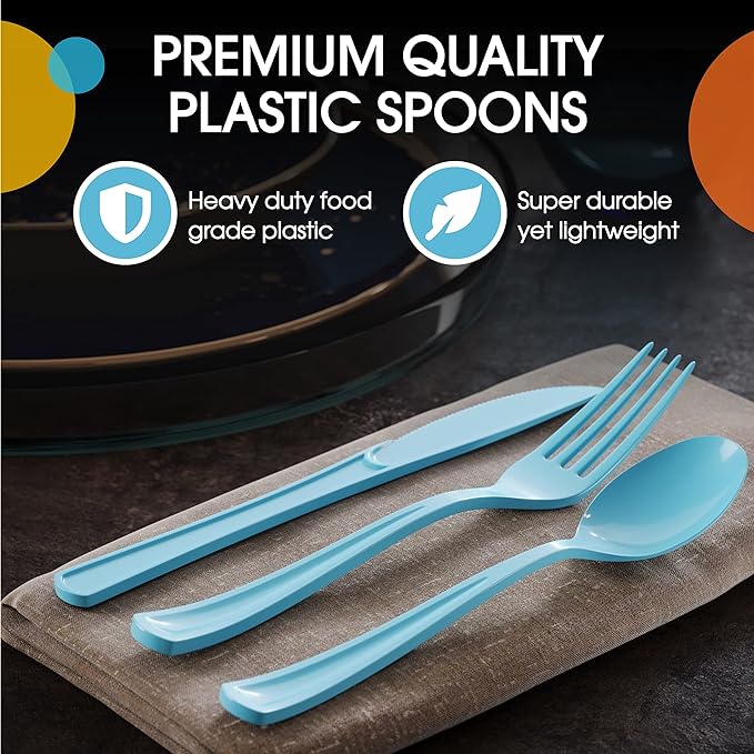 Heavy Duty Light Blue Plastic Spoons | 50 Count