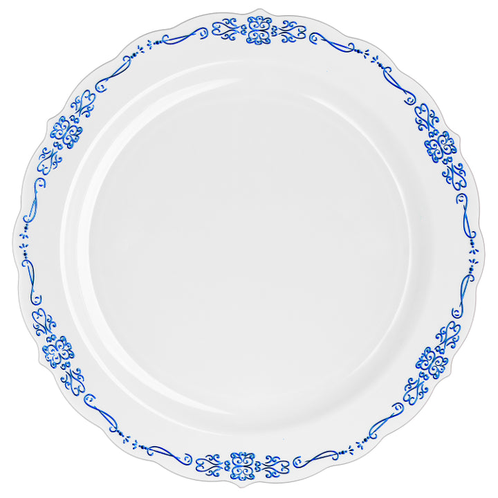 9 In. White / Navy Victorian Design Plates | 20 Count