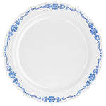 9 In. White / Navy Victorian Design Plates | 20 Count