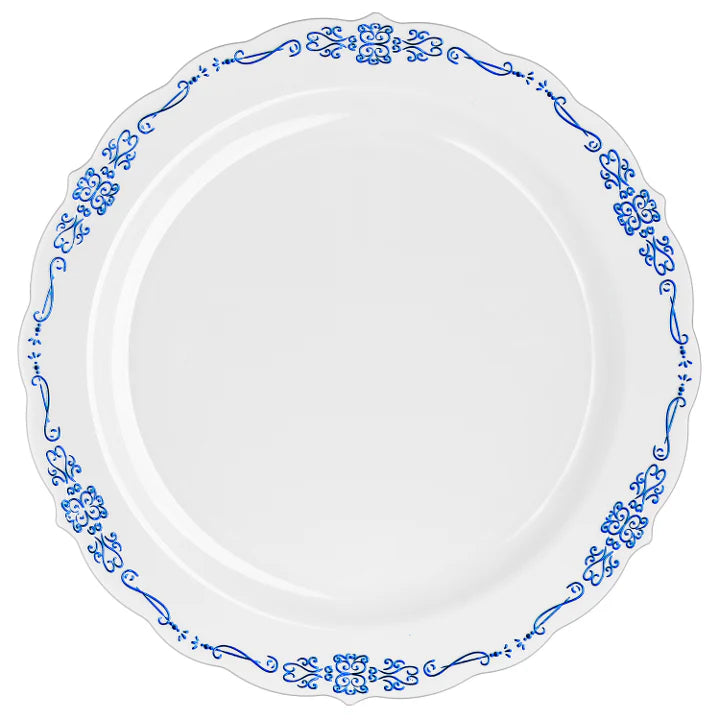 9 In. White/Navy Victorian Design Plastic Plates | 120 Count