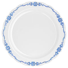 9 In. White / Navy Victorian Design Plates | 20 Count