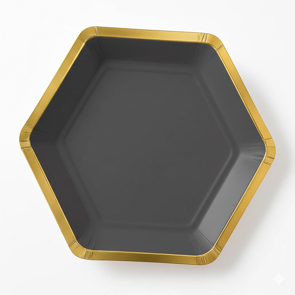Dark Grey Metallic Hexagon Paper Plates - 9"