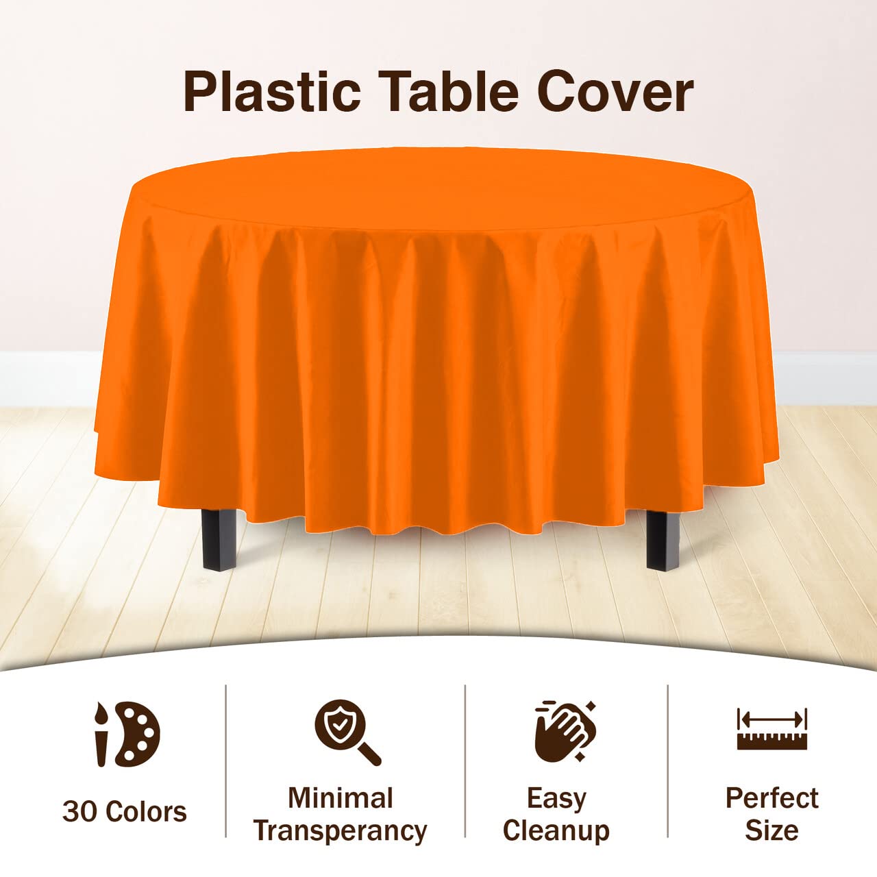 Premium Round Orange Plastic Table Covers | 12 Pack