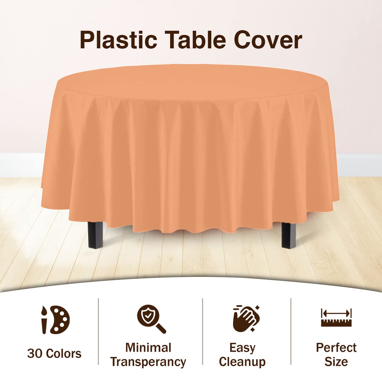 Premium Round Peach Plastic Table Covers | 6 Pack