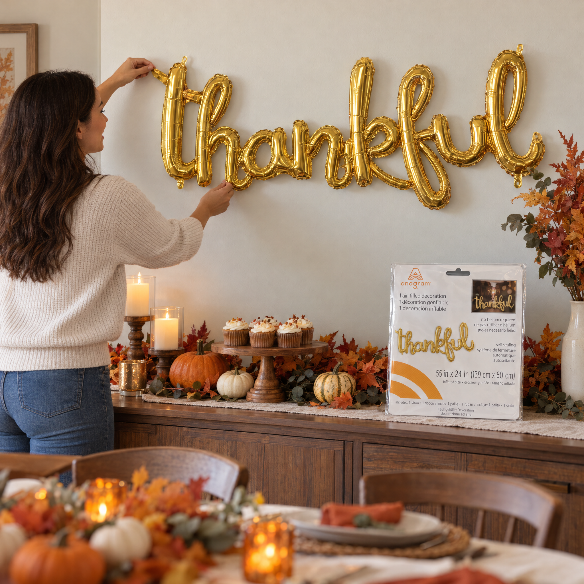 Thankful White & Gold Phrase Foil Balloon | 55" x 24"