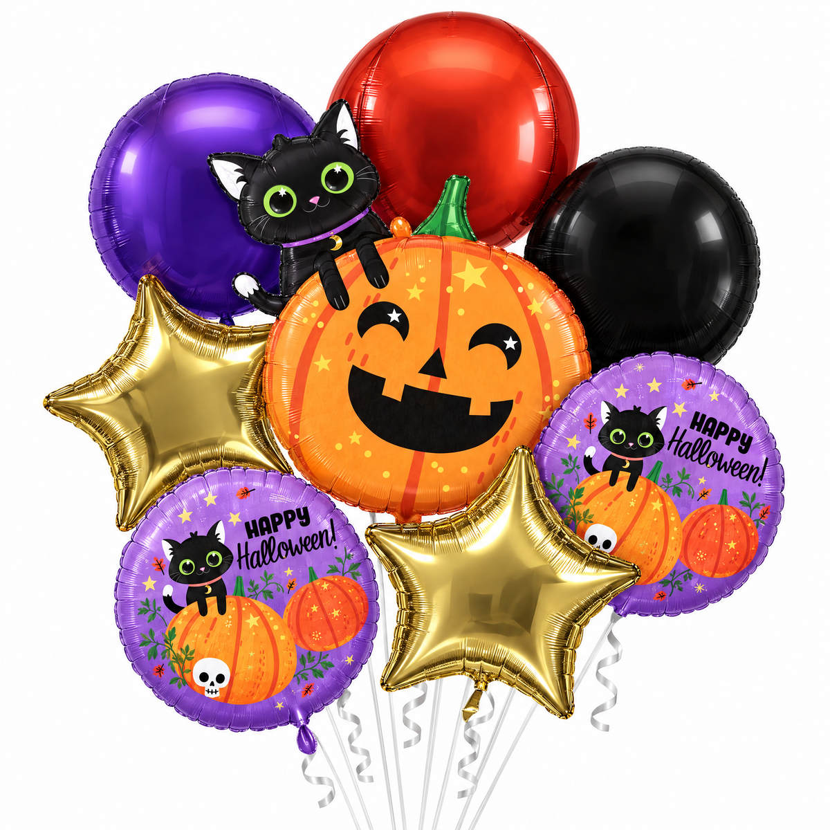 Halloween Cat & Pumpkin Foil Balloon Bouquet | 7 Count