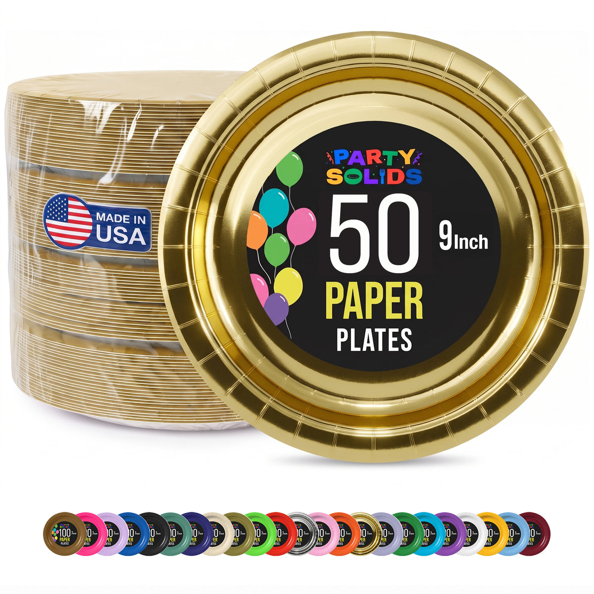 9 in. Reflective Gold Paper Plates | 50 Ct.