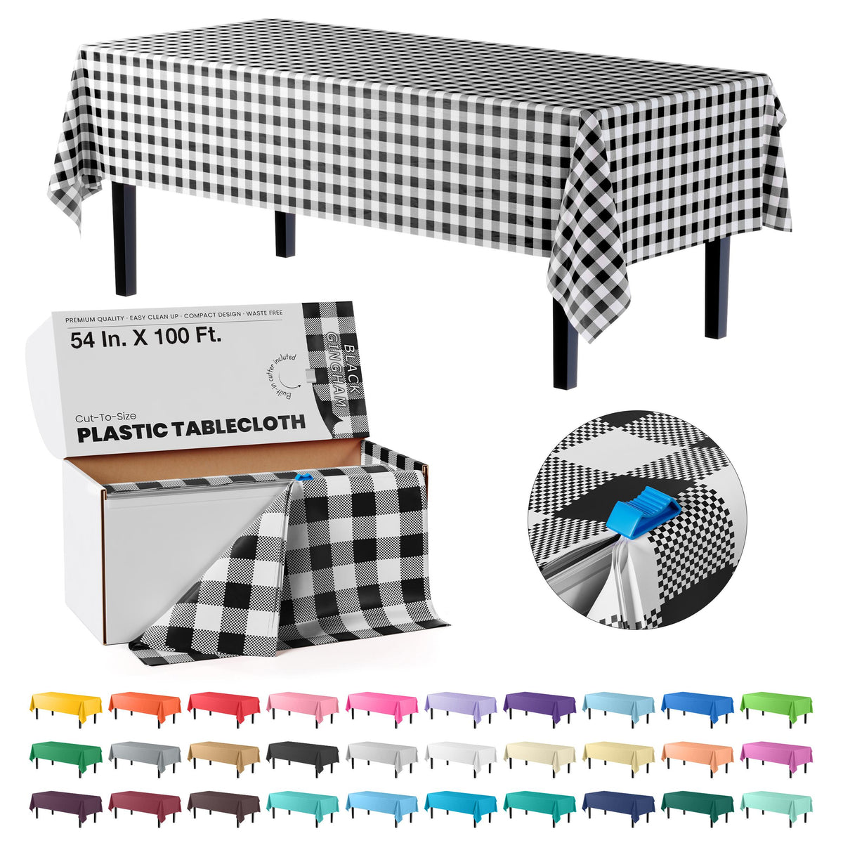 54 in. x 100 Ft. Cut to Size Plastic Table Cover | Black Gingham