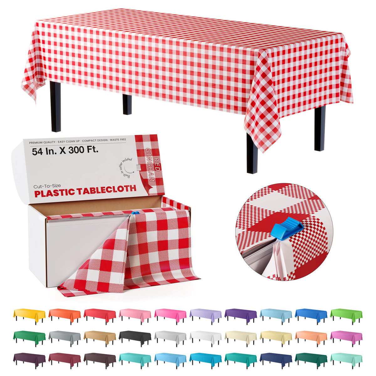 54 in. x 300 Ft. Cut to Size Plastic Table Cover | Red Gingham