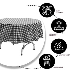 Round Black Gingham Plastic Table Covers | 12 Pack