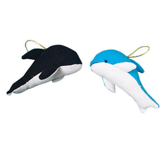 Two plush dolphin ornaments, one black and one blue, with white underbellies and hanging loops