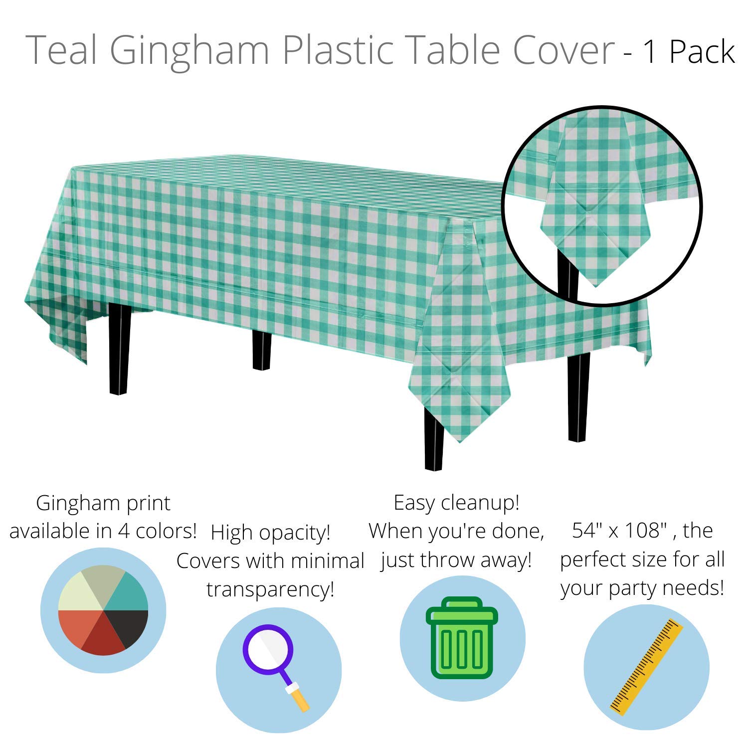 Teal Gingham Plastic Table Cover | Case of 48